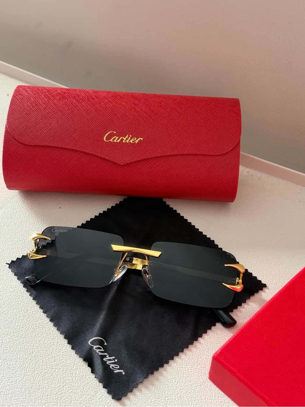 Cartier Rimless Gold & Black Sunglasses - Cartier Red Case Included